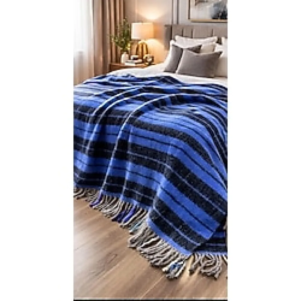 Özyün %100 Doğal Tek Kişilik Yün Battaniye 160 x 220 cm - Kalın Dokulu Ekose - Siyah Lacivert - Kışlık Battaniye-Nefes Alır Terletmez