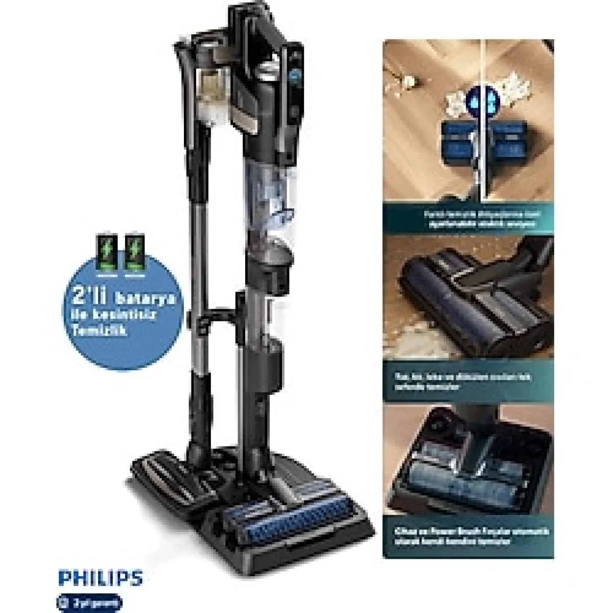 Philips 90DK Temizlik Çift Batarya Kablosuz Islak-Kuru Elektrikli Süpürge 9000 Serisi, Elektrikli Süpürge ve Islak Mop, Kendi Kendini Temizleme Istasyonlu Dik Süpürge-Yedek Fırça Hediyeli - Antrasit