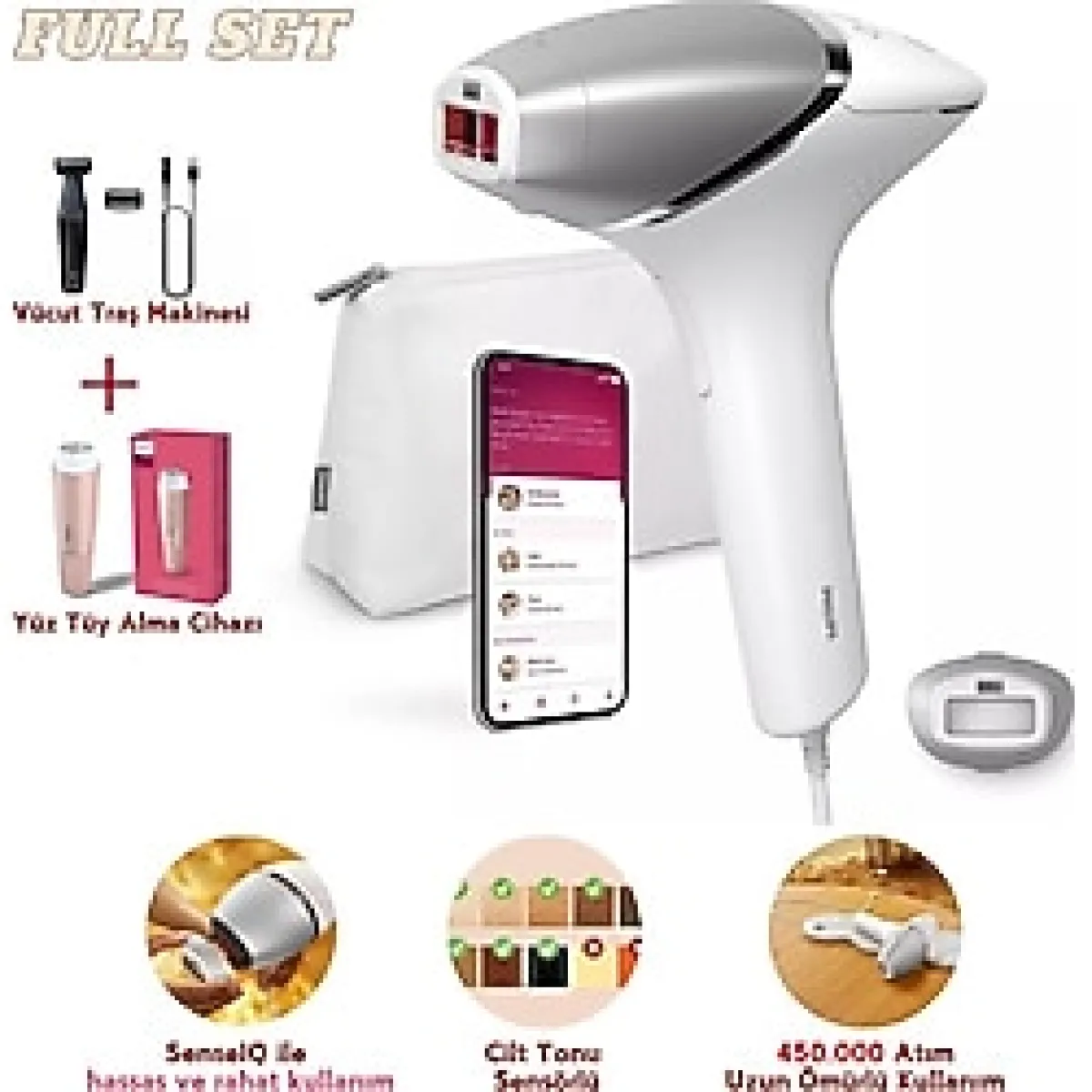 Philips Lumea Ipl 8000 Series Premium Lazer Epilasyon Cihazı, 450.000 Atım, Uv Koruma Tüy Alma Cihazı + Tıraş Makinesi + Yüz Temizleme Cihazı + Onerous Lambader - Beyaz