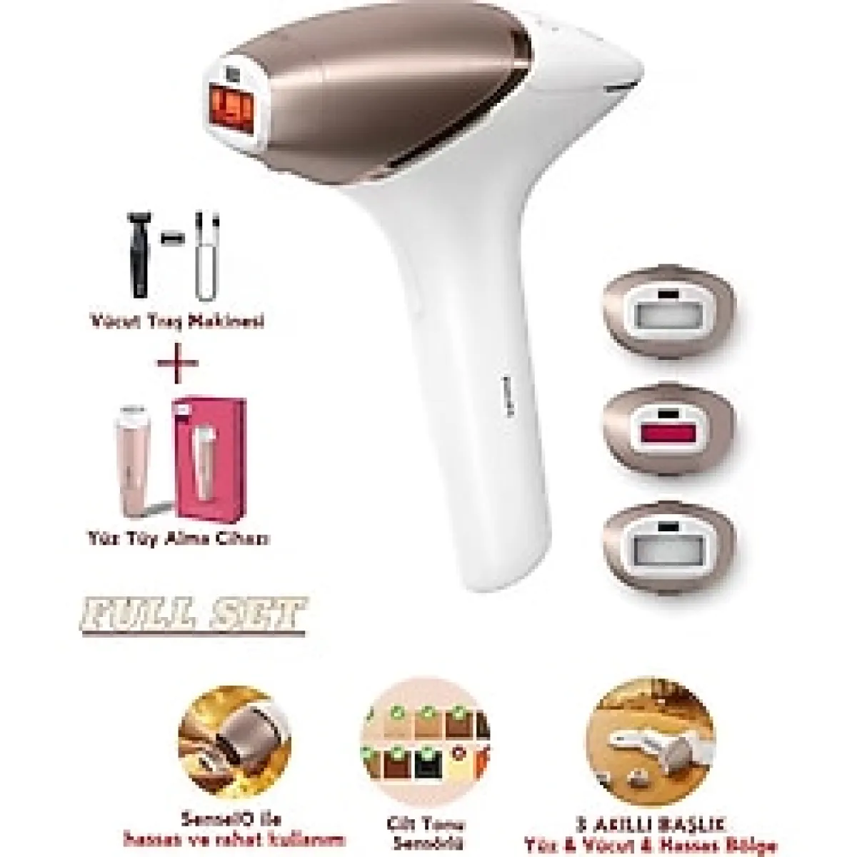 Philips Lumea Lazer Epilasyon IPL Tüy Alma Cihazı, 450.000 Atış Uzun Ömürlü Kullanım, 3 Başlıklı SET