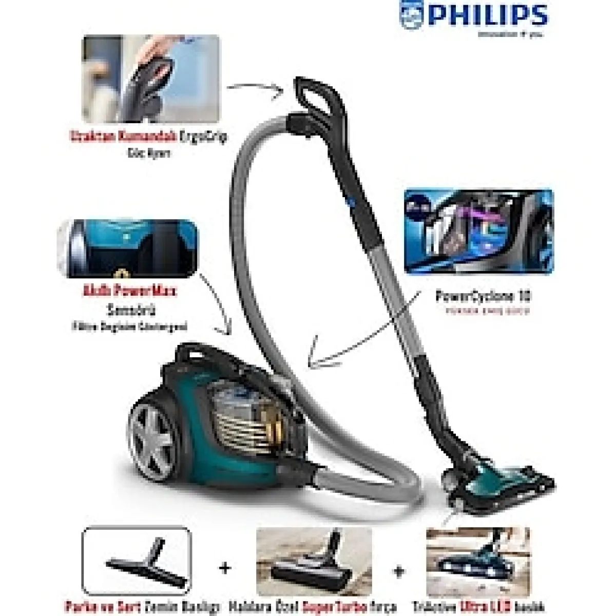 Philips Marathon Otomatik Açılma/kapanma Özellikli Powercyclone 10 Yüksek Emiş Gücü Triactive+Led, Başlıklı Premium Toztorbasız Süpürge +Philips Turbo Fırça +Yedek Filitre - Yeşil