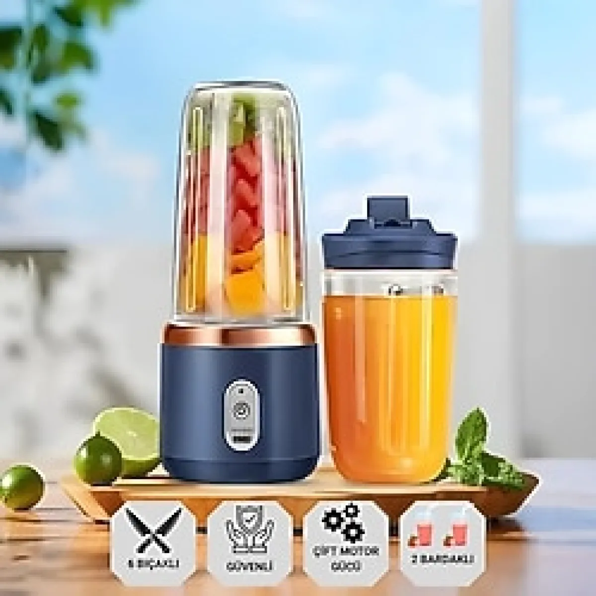 Polham 2 Bardaklı 6 Bıçaklı Çift Motorlu Ultra Güçlü Şarjlı Taşınabilir Smoothie Blender, Detoks Hazırlama Mikseri - Mavi