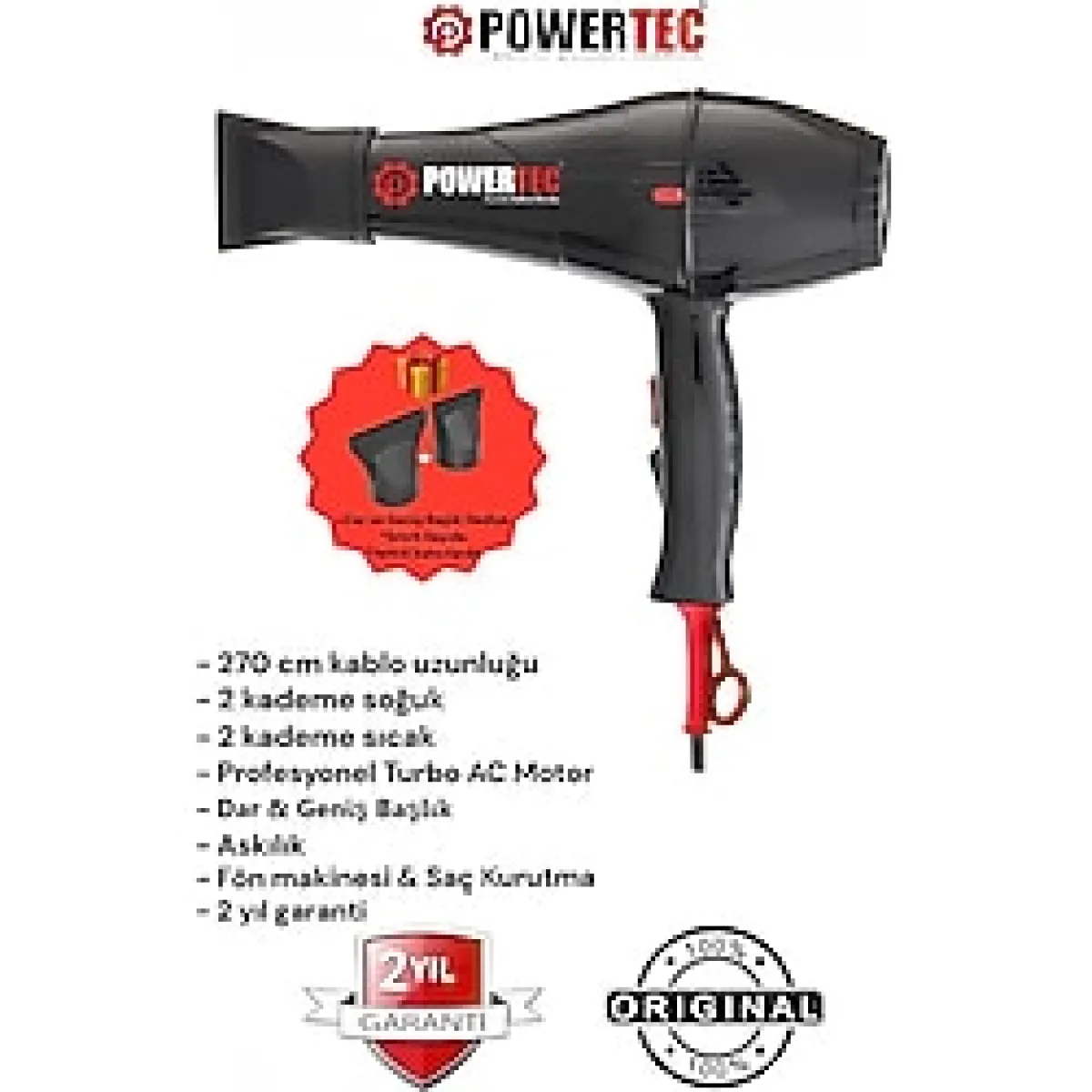 Powertec TR-701 Kuaför Tipi Profesyonel Fön Makinesi 2500 Performans siyah
