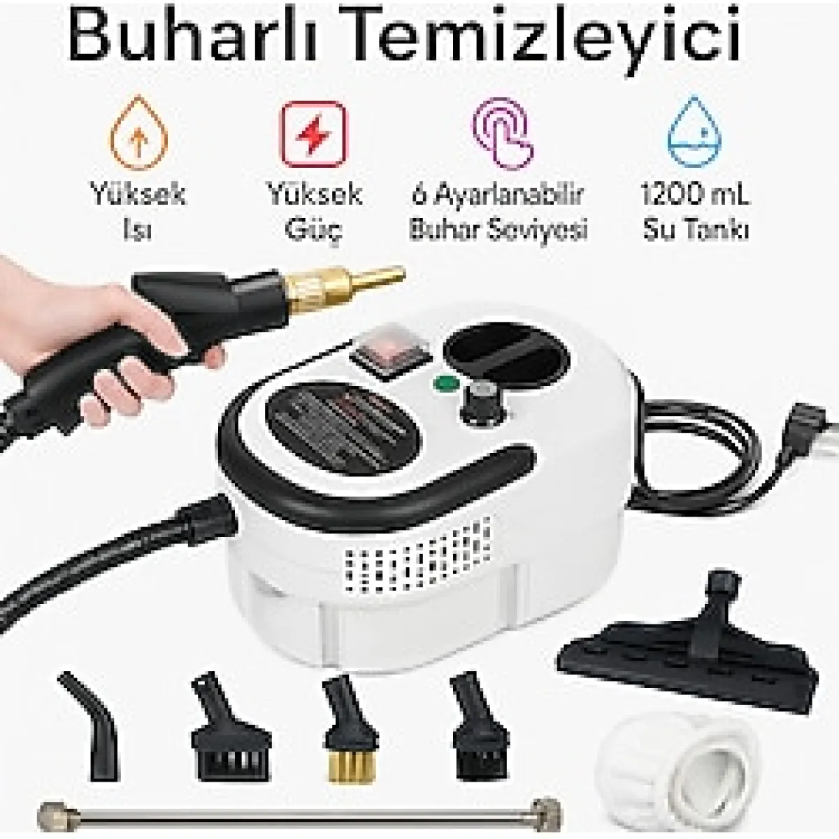 qasul Taşınabilir Yüksek Basınçlı Buharlı Temizleyici - 1500W Güç 105°C Isı 1200 mL Su Tankı