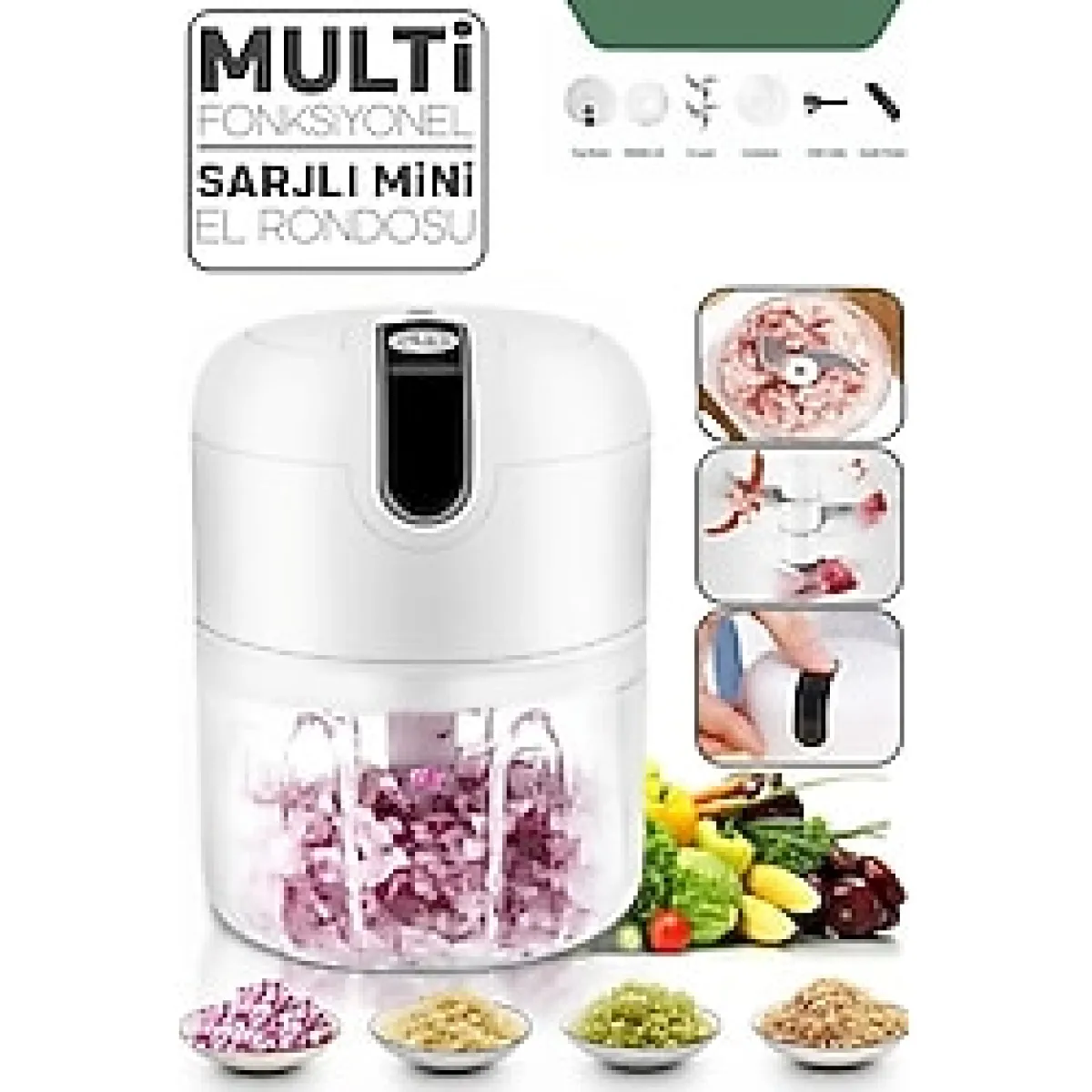 Şarjlı Mini El Rondosu Çelik 3 Bıçaklı 250 Ml Mutfak Robotu Hazneli Rondo Sebze Et Doğrayıcı Rende