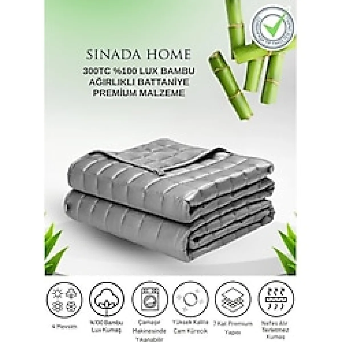 Sinada Ağırlıklı Battaniye / Yorgan Çift Kişilik 10kg 200x220 300 TC %100 Bambu Kumaş + %100 Organik Bambu Dolgulu - 200 x 220 cm - Gri (2854)