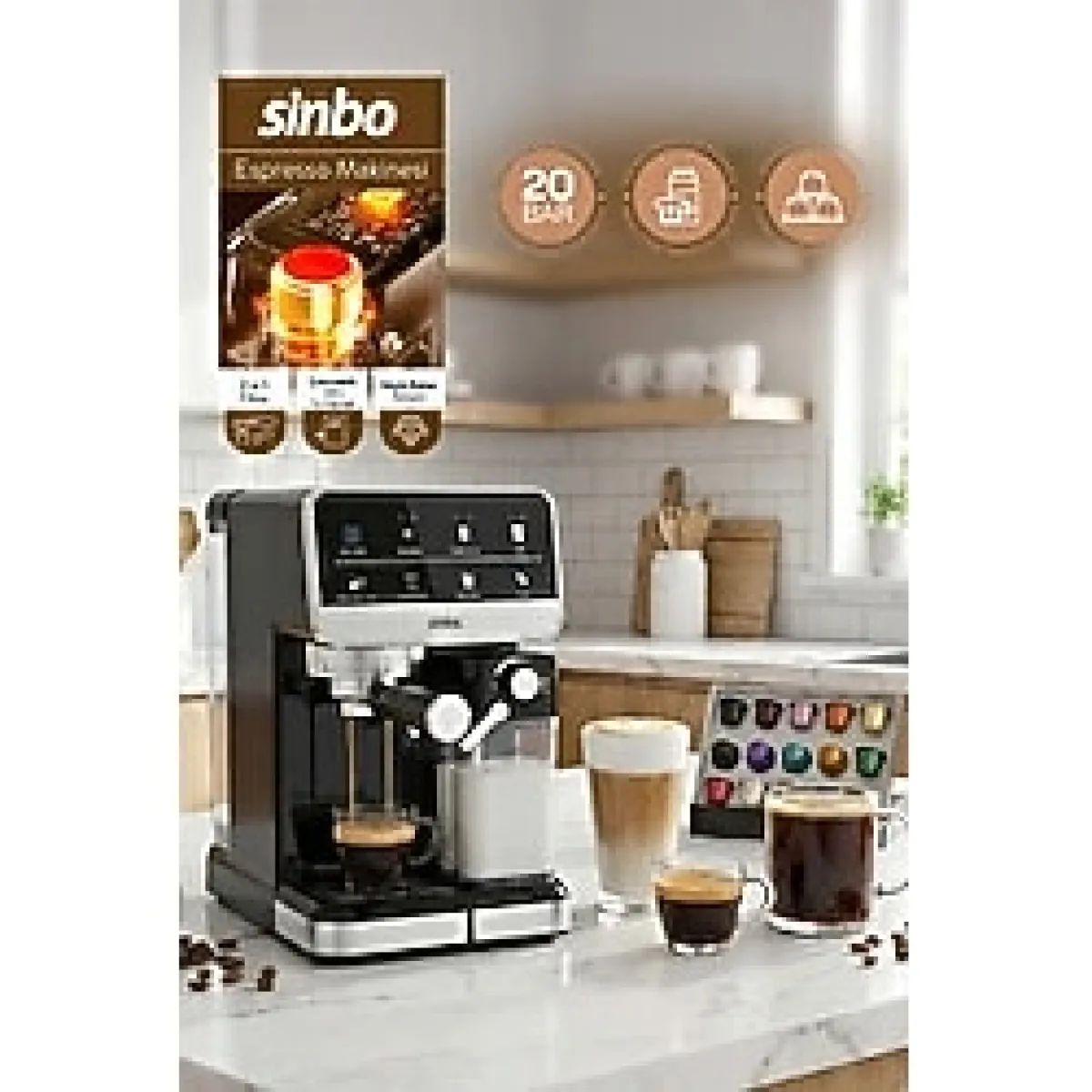 Sinbo Espresso Cappucino Latte 20 Bar Profesyonel Otomatik Espresso Makinesi, Süt Köpürtücülü, Kapsül Kullanım Aparatı, 6 Farklı Kahve Seçeneği, Dokunmatik Ekran