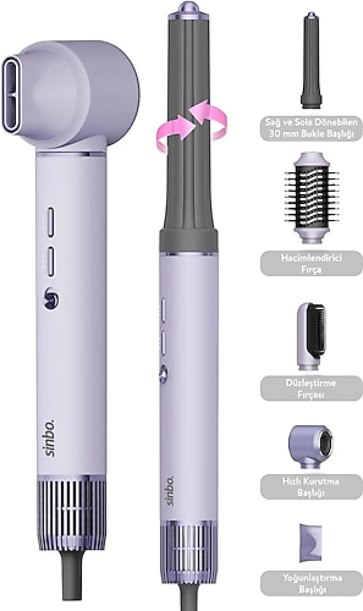 Sinbo SHD-1729 5in1 Mor Saç Şekillendirme Seti