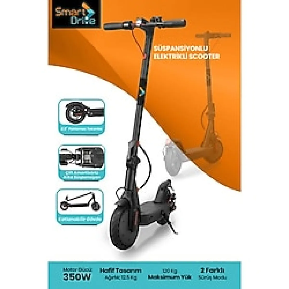 Smart Drive S50 LED Ekranlı Patlamaz Tekerlekli Fırçasız Motorlu Farlı Katlanabilir Taşınabilir Süspansiyonlu Elektrikli Scooter