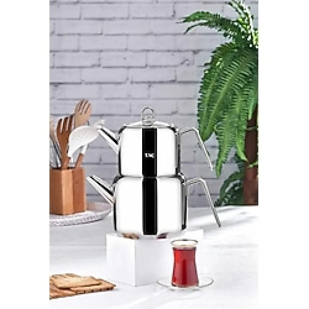 Taç Hera Maxi 2 Parça Platin Renkli Paslanmaz Çelik Çaydanlık Takımı - Şık ve Modern Tasarım