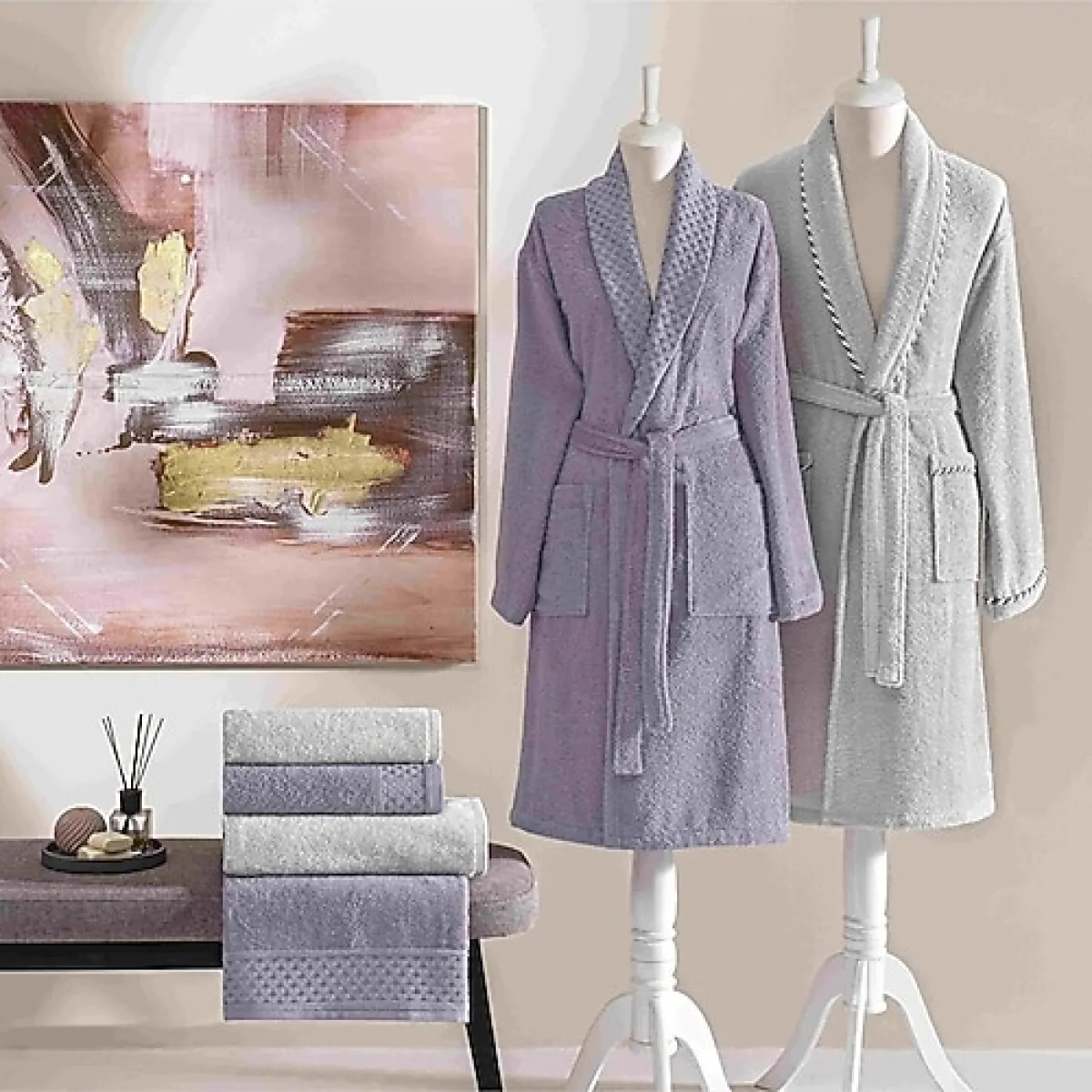 Taç Vella Bamboo Classic Lila-Gri Aile Bornoz Seti