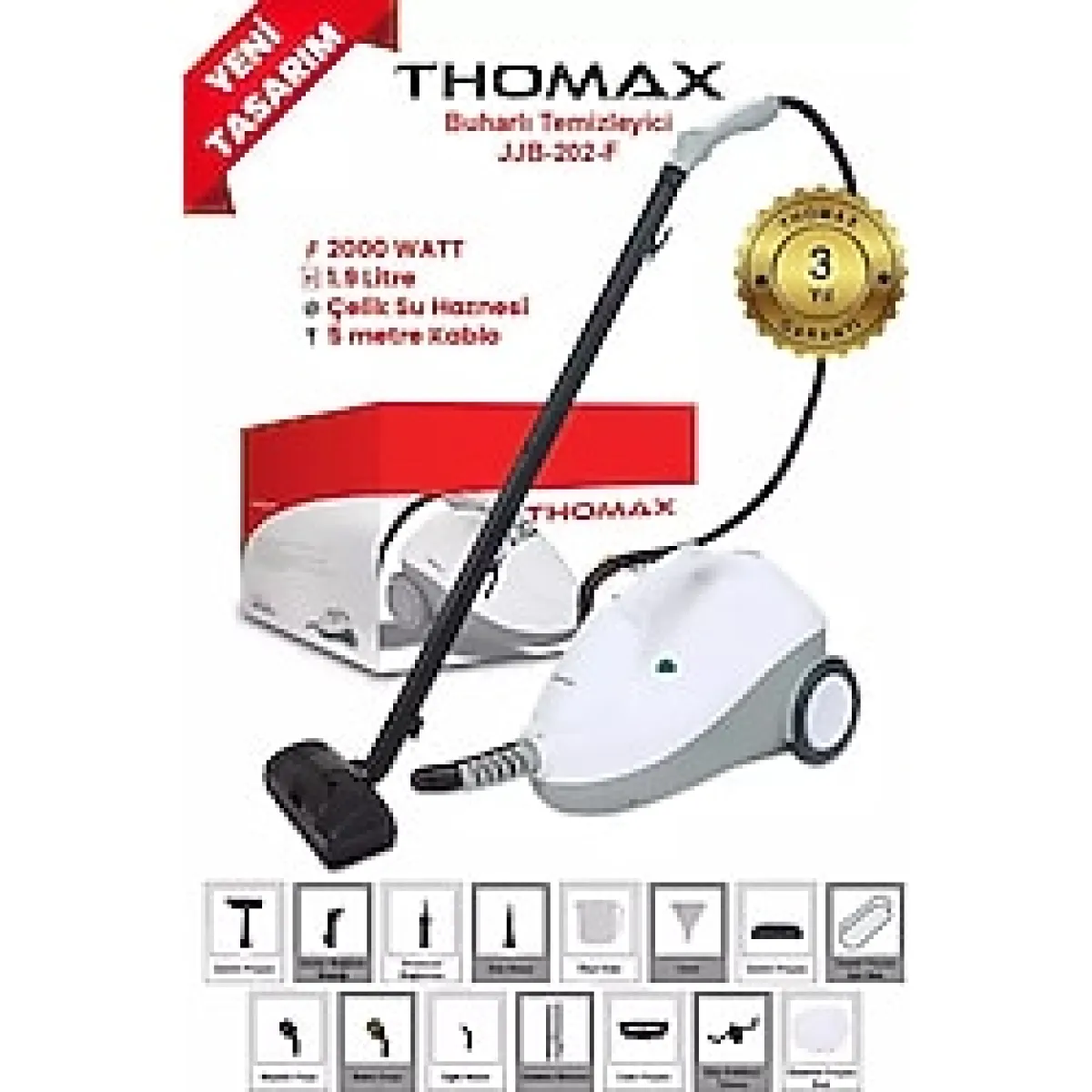 THOMAX Çok Fonksiyonlu Buharlı Temizleyici Buharlı Temizlik 2000 Watt 1.9lt