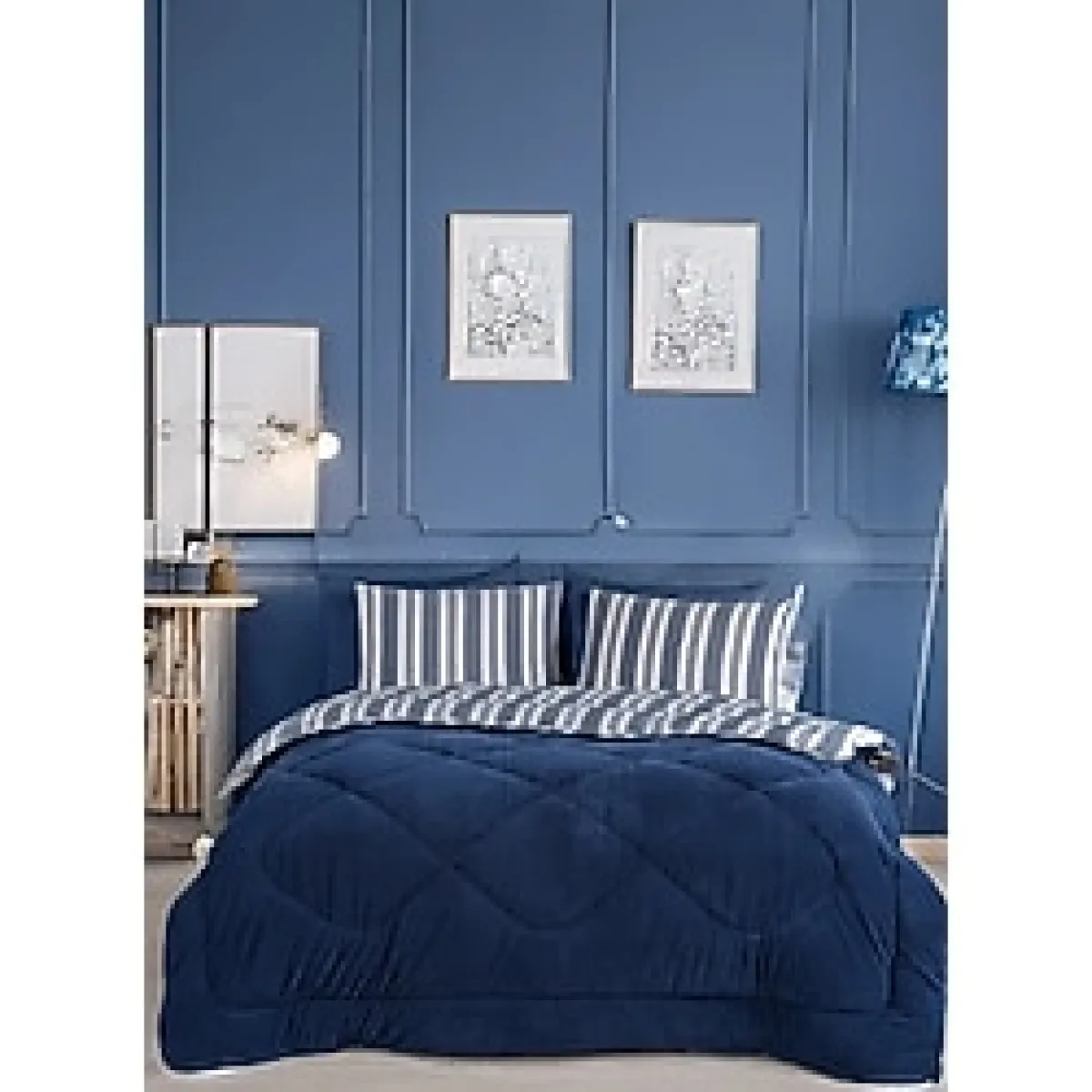 Uyku Seti Wellsoft Yorganlı Pofuduk 4 Parça Çift Kişilik Soft Line Lacivert