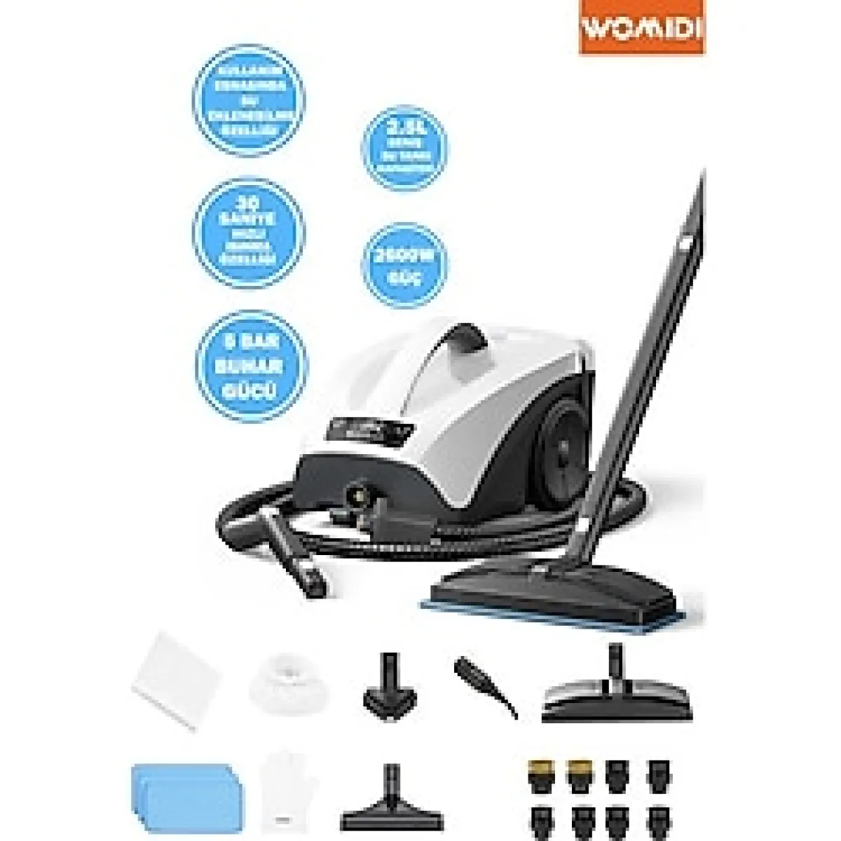 Womidi Çok Fonksiyonlu Buharlı Temizleyici 30SN Hızlı Isınma Kullanım Esnasında Su İlaveli Buharlı Temizleyici - Açık Gri