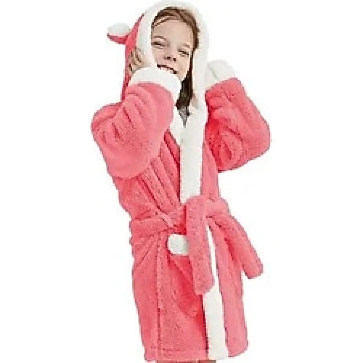 Zeynep Tekstil Bunny Kapşonlu Unisex Wellsoft Çocuk Peluş Sabahlık Bornoz Pembe-4-5