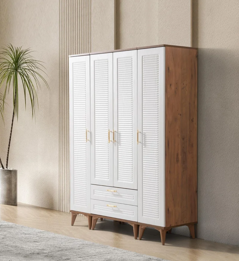 AK101 Panjur 4 Kapılı Ceviz Beyaz Dolap