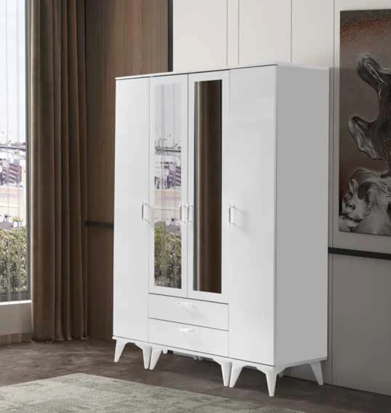 AK107 Akbulut Akasya 4 Kapılı Aynalı Beyaz Dolap