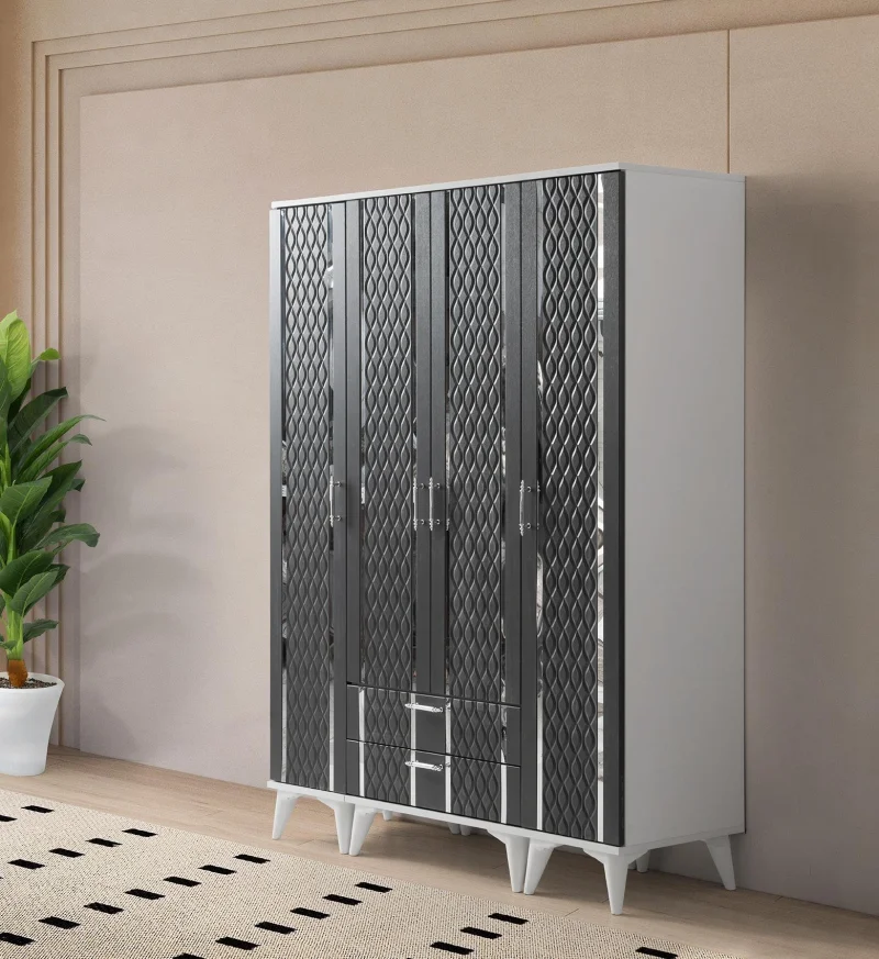 AK104 Petek 4 Kapılı Beyaz Antrasit Dolap