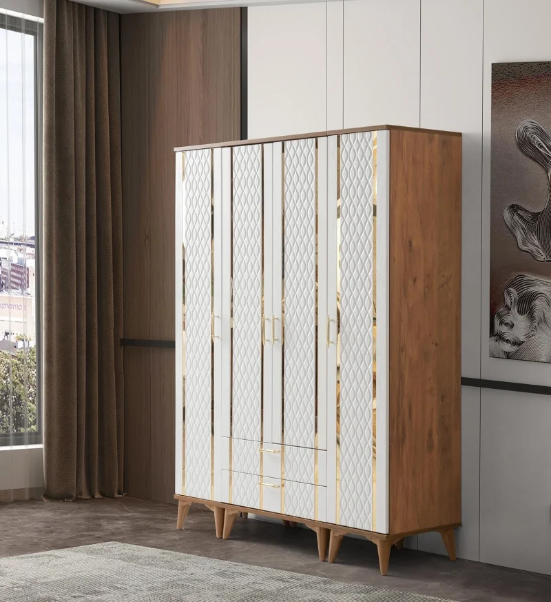 AK103 Petek 4 Kapılı Ceviz Beyaz Dolap