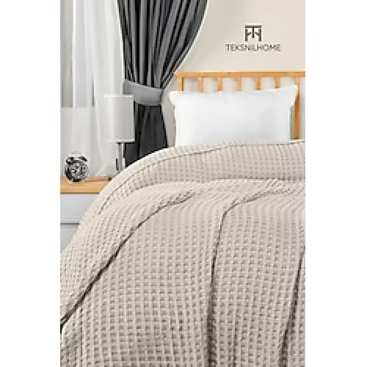 %100 Pamuk Waffle Desen Bej Çift Kişilik Pike yatak Örtüsü 200x230 Çok Amaçlı Örtü