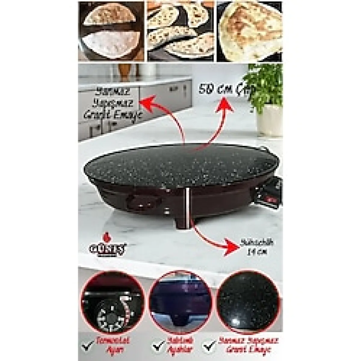 2000W Elektrikli Lüks Termostatlı 50 Cm Ekmek,Gözleme,Börek Ve Katmer Sacı L Granit Emaye