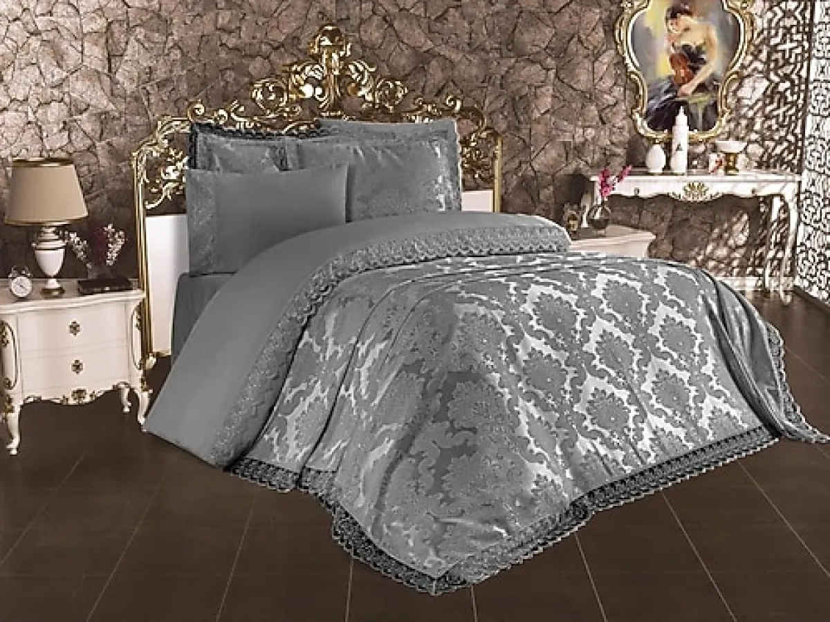 Çeyiz Diyarı Lalezar Fransız Dantelli 7 Parça Gelin Seti Gri