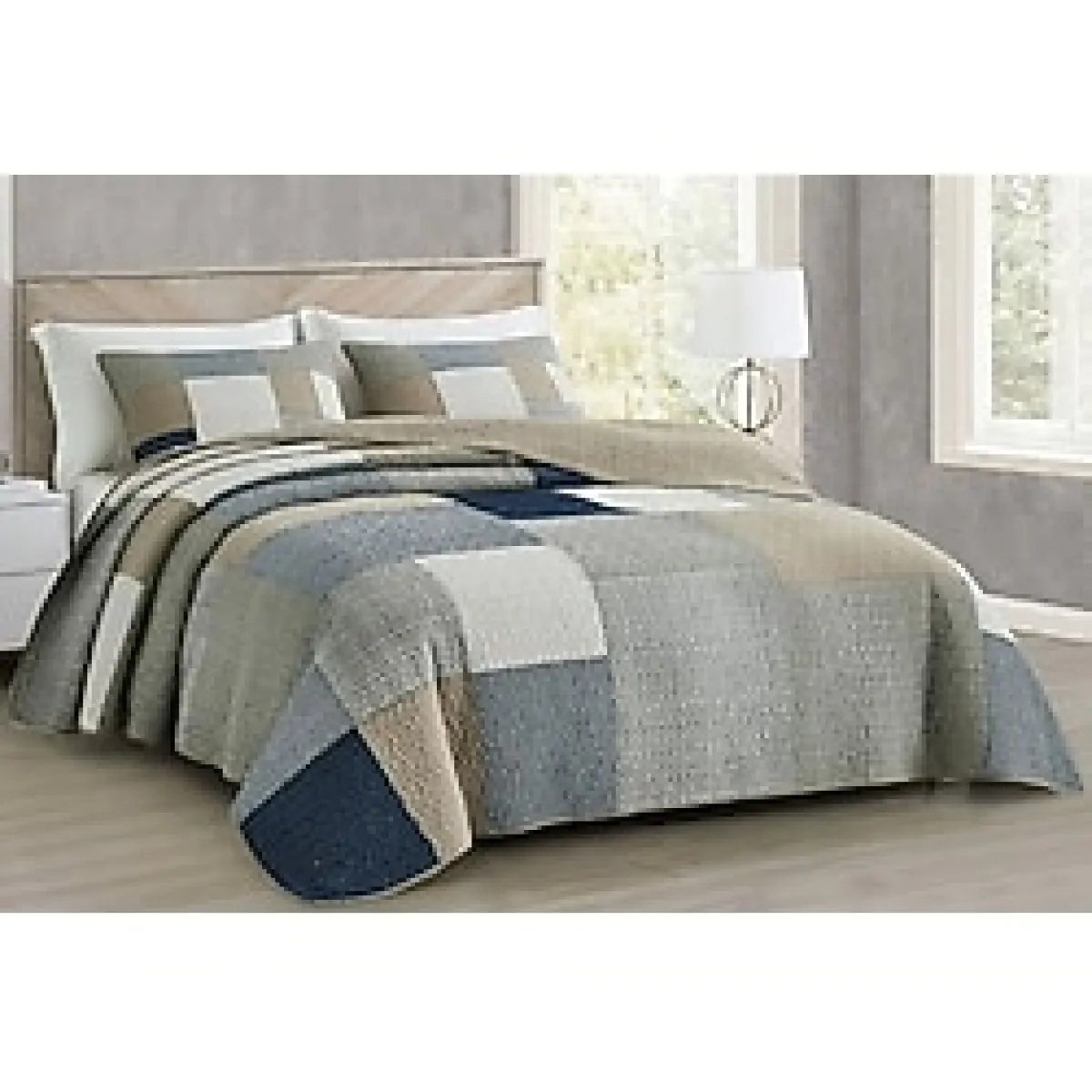 Chezmoi Collection Addy 3 Parça Lacivert Beyaz Gri Boz Kahverengi Ekose Yama İşi Yorgan Seti - Önceden Yıkanmış Pamuk Pike - Hafif Ters Çevrilebilir Yatak Örtüsü, Çift Kişilik