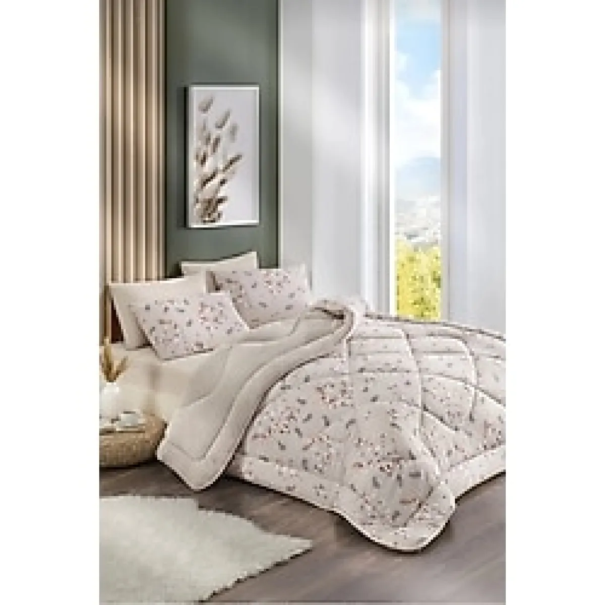 Çift Kişilik Welsoft Yorgan Çift Taraflı Uyku Seti Lastikli Çarşaflı çeyiz Seti Çeyiz Takımı - Açık Bej