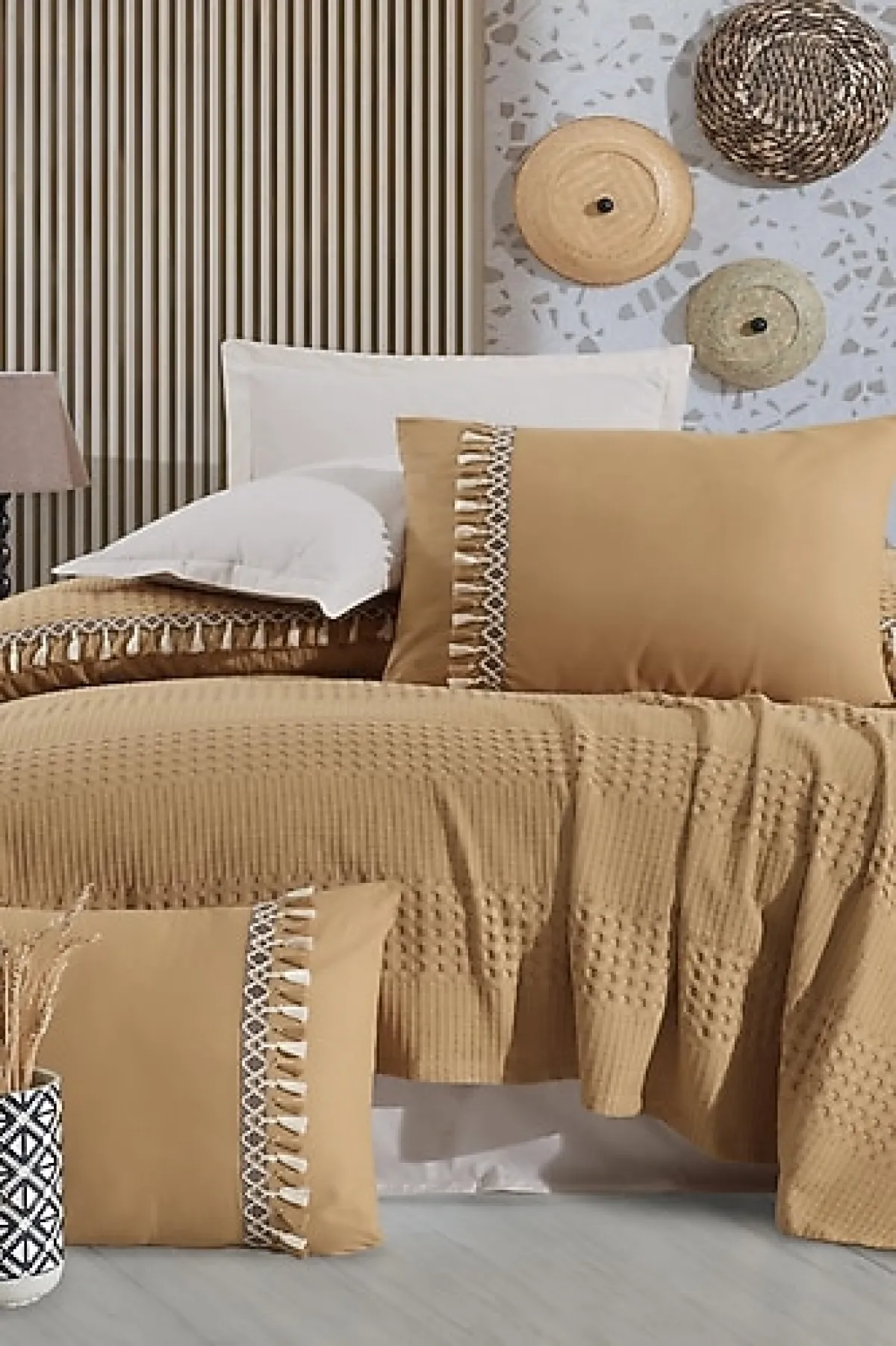 Clasy Bohamline Butik Hardal Çift Kişilik Pike Takımı