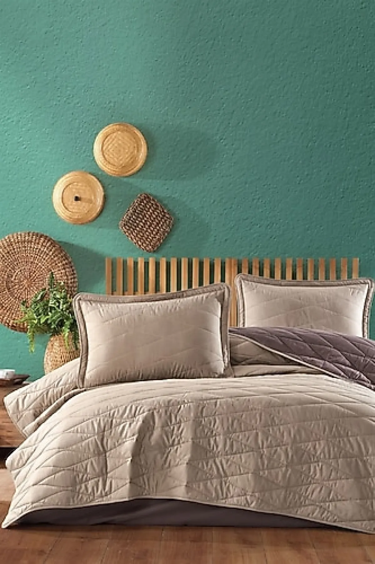 Clasy Lorna Bej Kapitone Pamuk Çift Kişilik Yatak Örtüsü Takımı