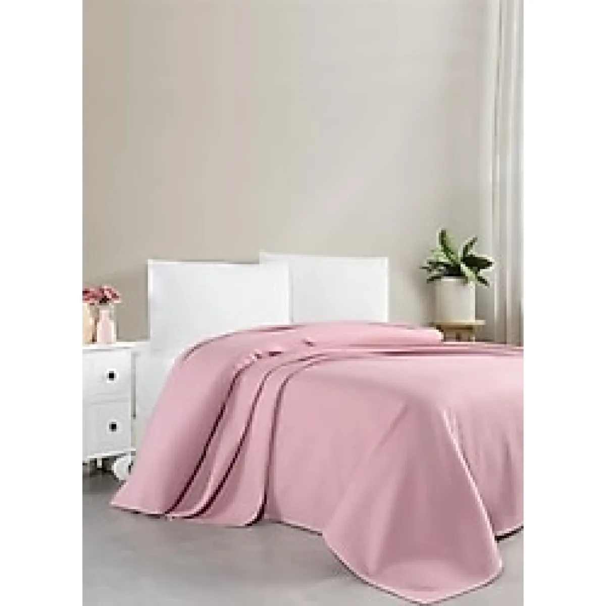 DENİZLİ ÇEYİZ Çift Kişilik Waffle Desen Petek Pike Pembe 200 x 230