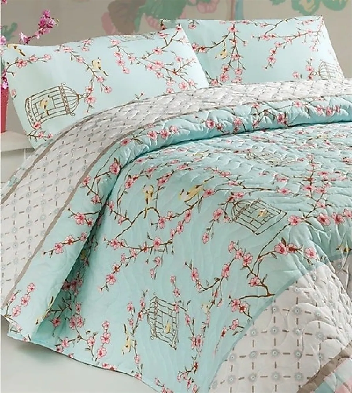 Eponj Home Birdcage Kapitone Çift Kişilik Yatak Örtüsü Seti Turkuaz