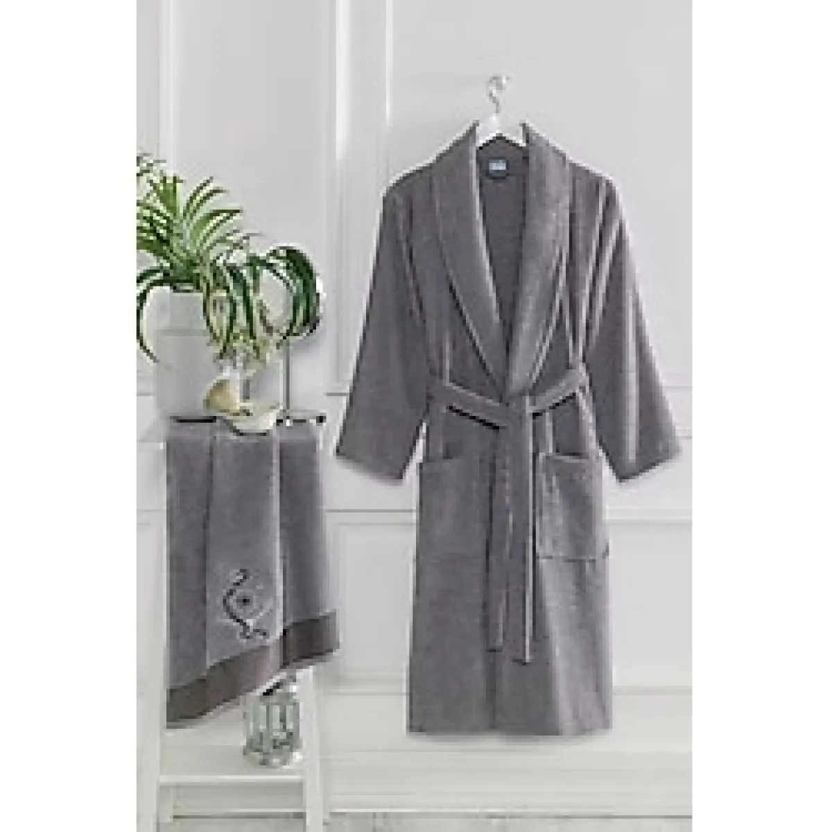 Erkek Havlulu Banyo Bornoz Takımı %100 Pamuklu Antrasit