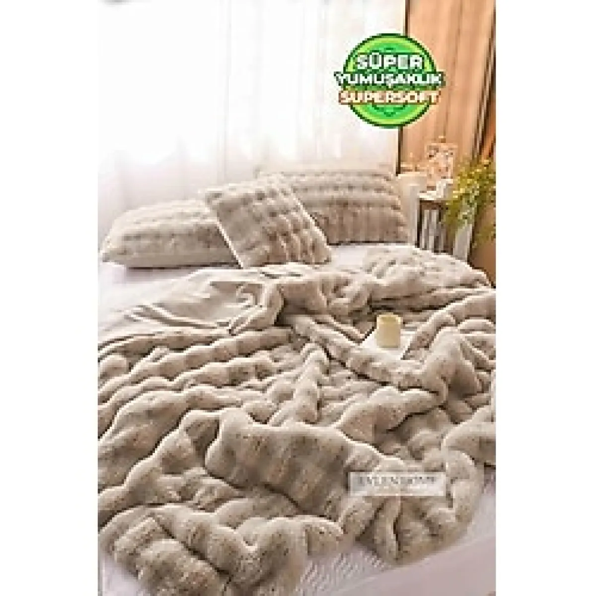 Evlen Home Collection Kürk Yatak Örtüsü Seti Tek Kişilik Dolgulu Peluş Yumuşak Yorgan Wellsoft 2 Parça Lory Bej