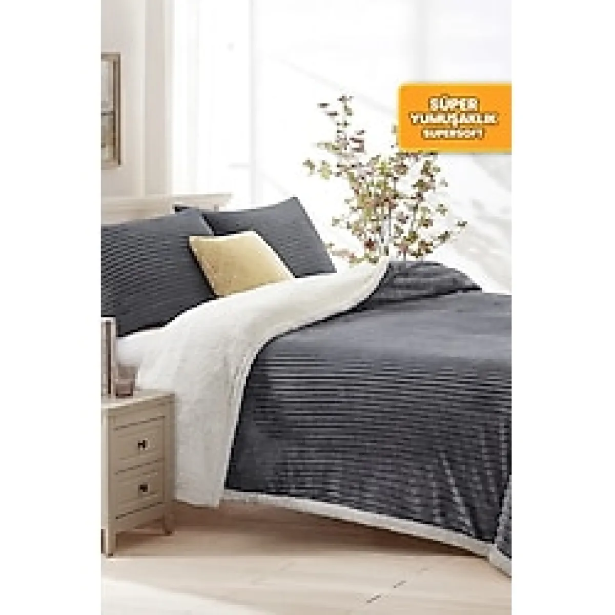 Evlen Home Collection Pufly Jakar Sherpa Battaniye Seti Çift Kişilik 3 Parça Yumuşak Peluş Wellsoft Yatak Örtüsü Antrasit
