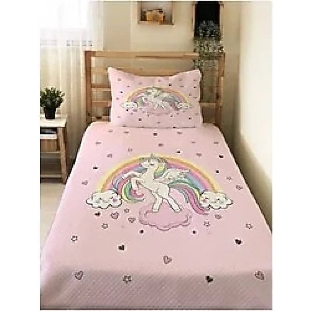 Evmila Unicorn Desenli Bebek Ve Çocuk Baskılı Tek Kişilik Pike Takımı 160x230 Pembe