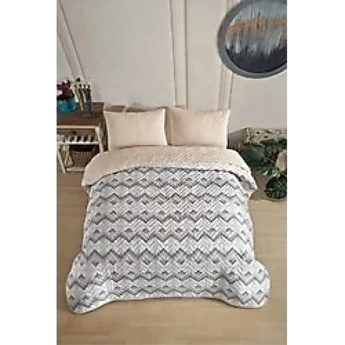 Formeya Çift Kişilik Desenli Kapitone Çift Taraflı Renkli Pike Yatak Örtüsü Takımı 200X230 cm (Çarşafsız) - Bej