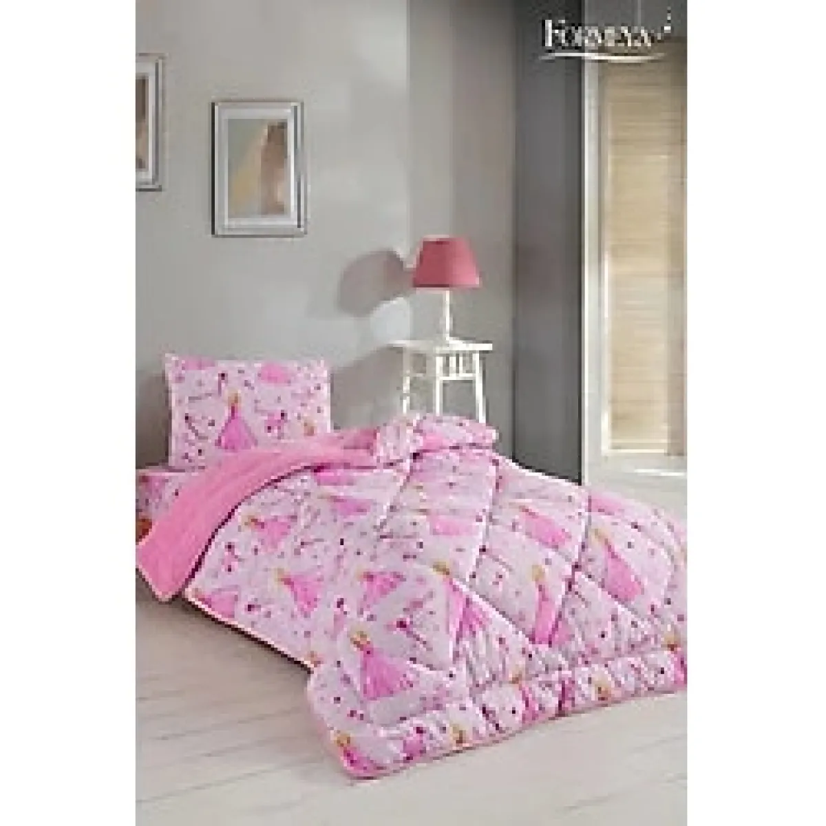 Formeya Tek Kişilik Lastikli Çarşaflı Prenses Desenli Çift Taraflı Wellsoft Uyku Seti - Pembe