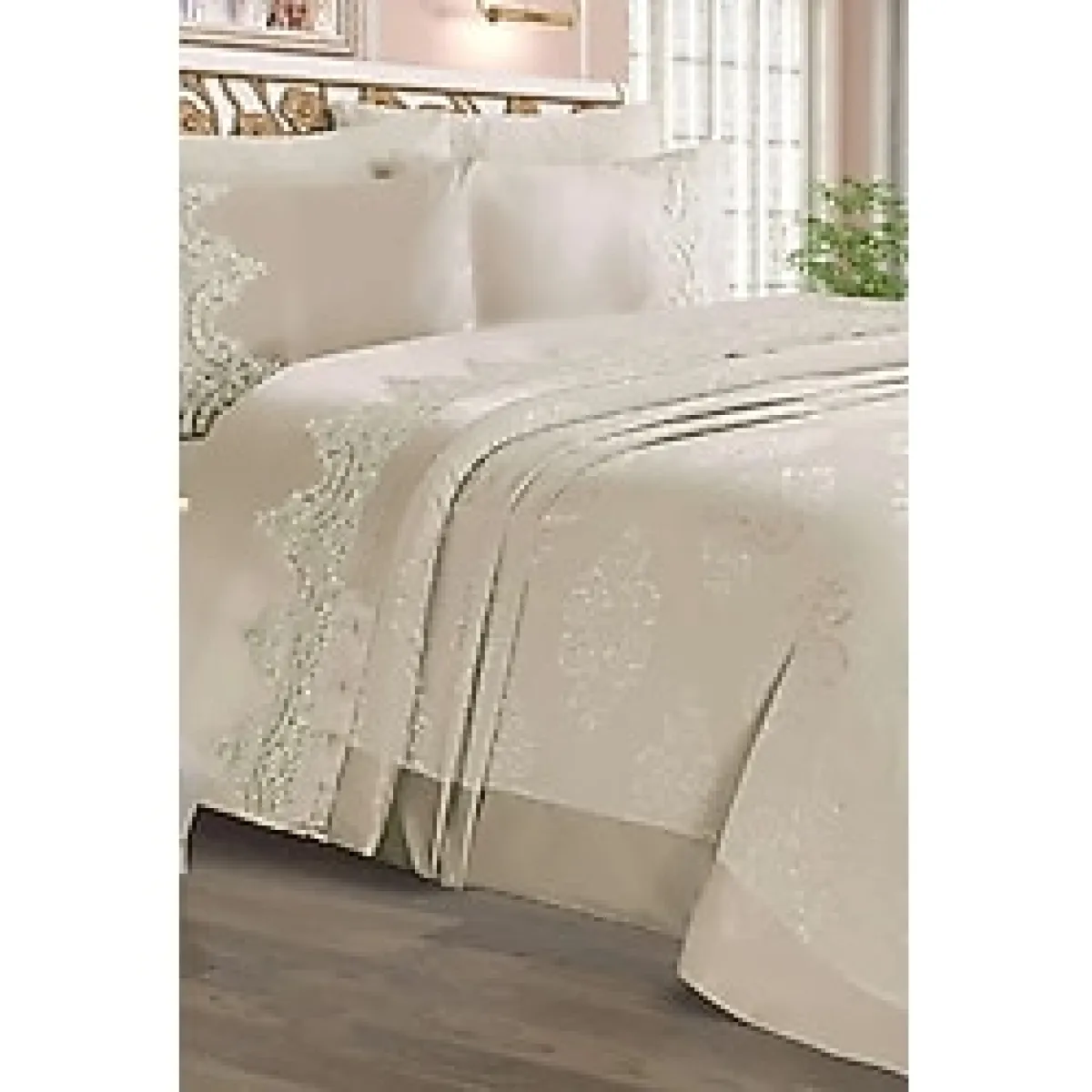 Halıstores Fransız Dantelli Çift Kişilik Pike Takımı Sahra Krem