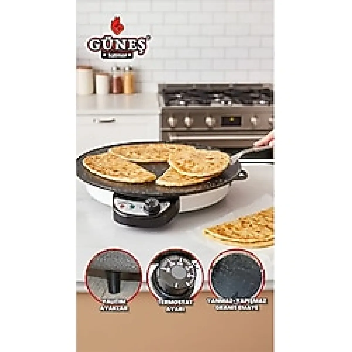 Homelux 2000w Elektrikli Lüks Termostatlı 50 Cm Ekmek,gözleme,börek Ve Katmer Sacı l Granit emaye