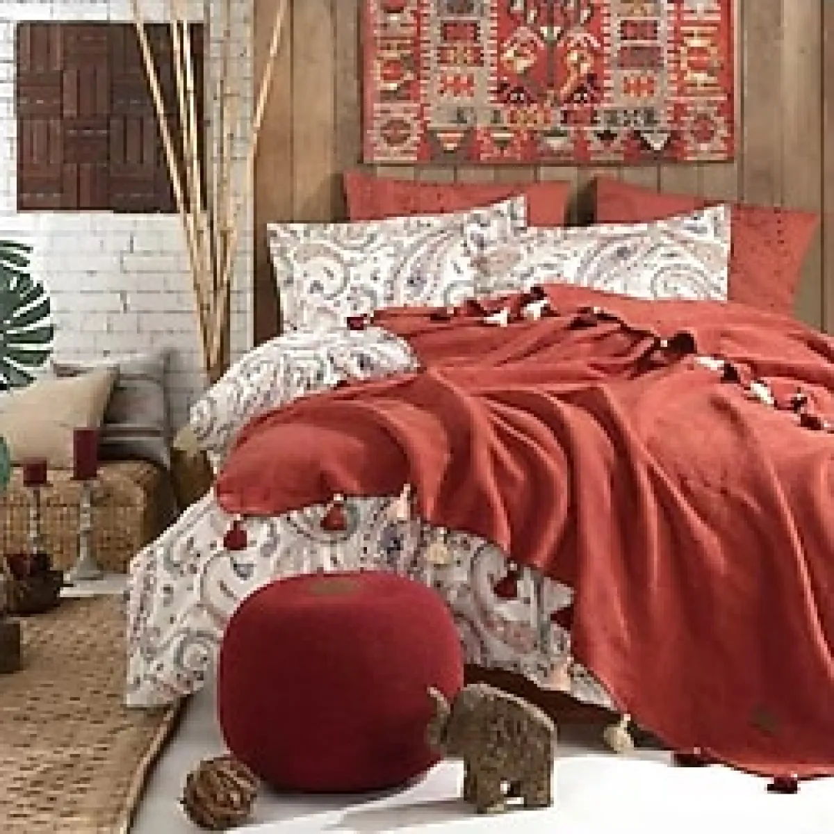 İyi Geceler İstanbul Boho Chic Çift Kişilik Püsküllü Battaniyeli Nevresim Seti Tarçın