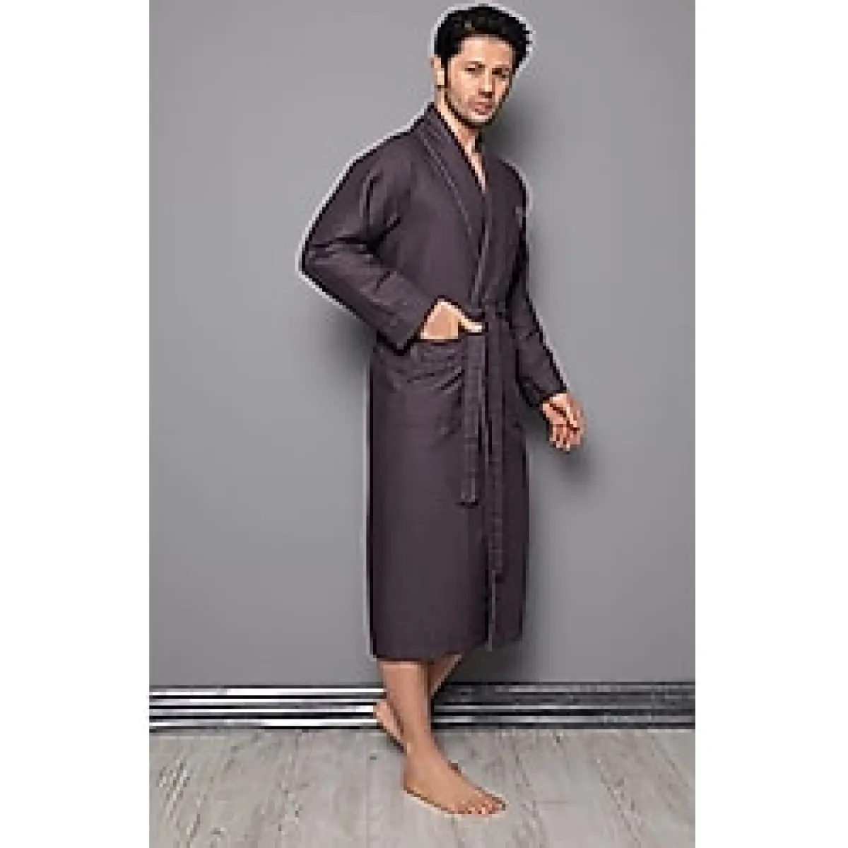 Kahverengi Şal Yaka Bambu Pamuk Erkek Sabahlık Pike Kahverengi L/XL