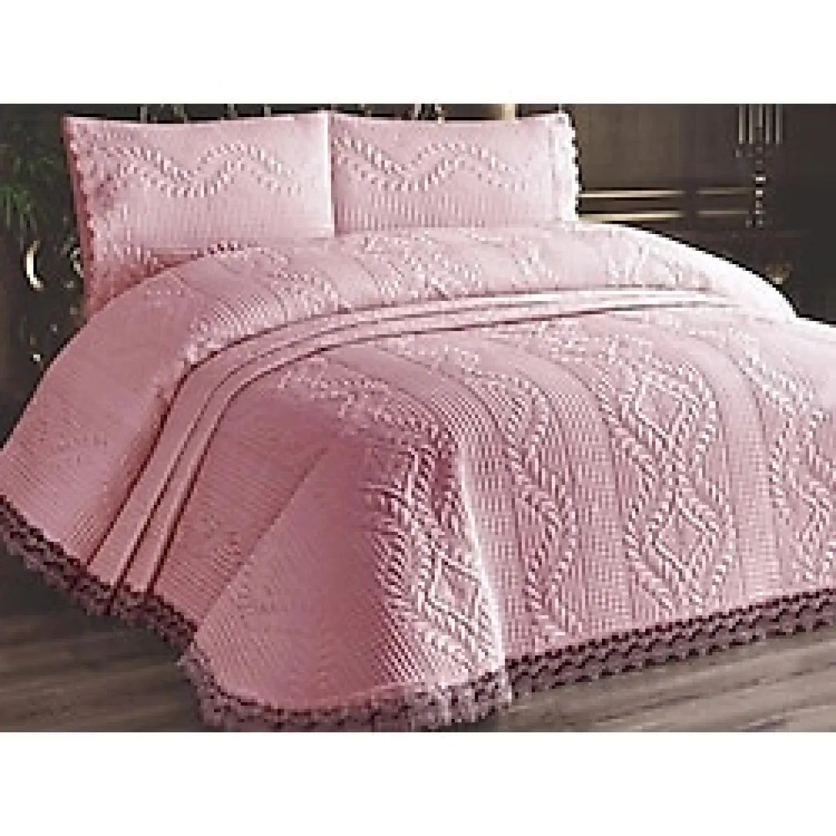 Limena Dantelli Kapitoneli Ultrasonik Çift Kişilik Yatak Örtüsü Pudra