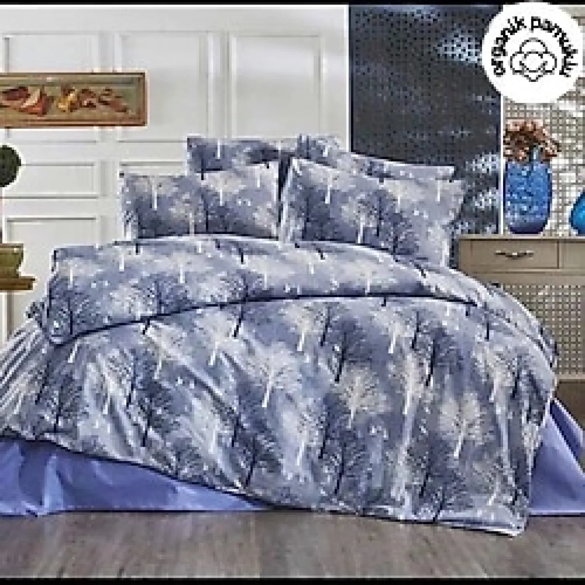 Lotusline Home Mavi Ağaç Desen Tek Kişilik Lüks Pamuklu Nevresim Takımı - Seti