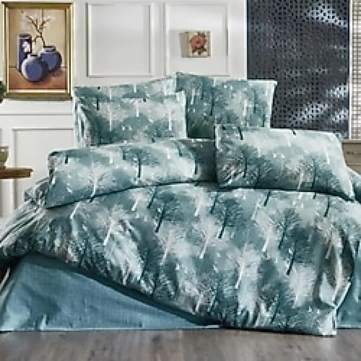 Lotusline Home Petrol Yeşili Ağaç Desen Lüks Pamuklu Çift Kişilik Nevresim Takımı - Seti