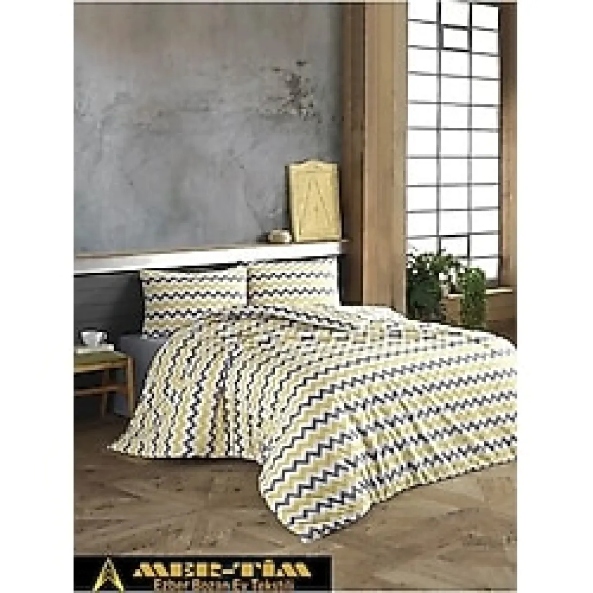 mer-tim ezberbozan ev tekstili Mer-Tim Pamuklu Ranforce Battal Boy Sarı-Gri Zikzak 220x240 Nevresim Seti (Çarşaf Dahil Değildir)