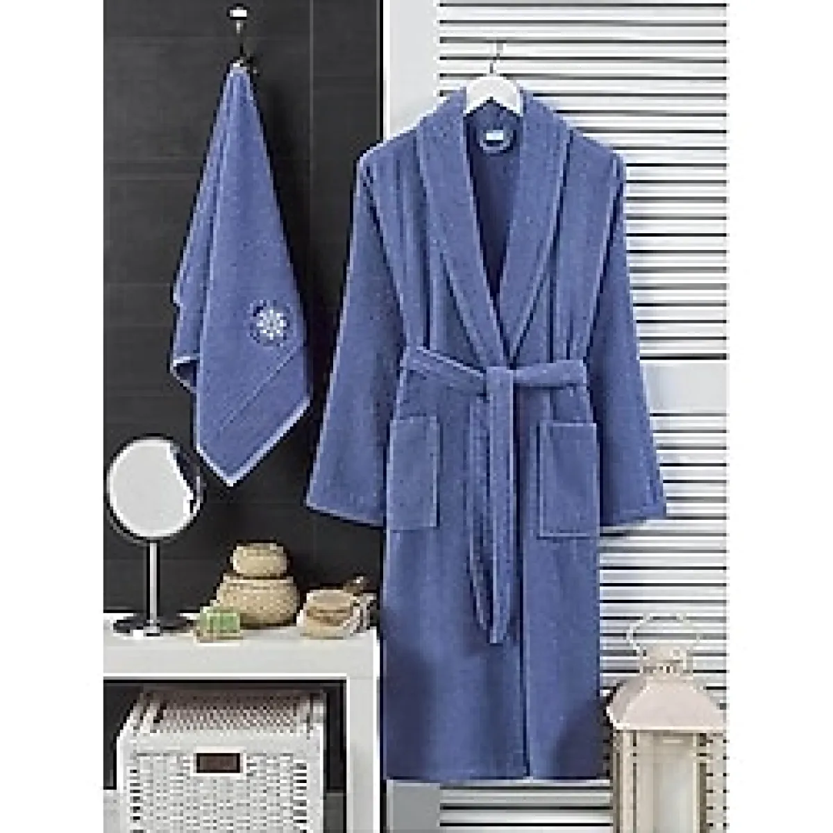 Mira Home Erkek Havlulu Banyo Bornoz Takımı 100 Pamuklu Bornoz S/M Lacivert