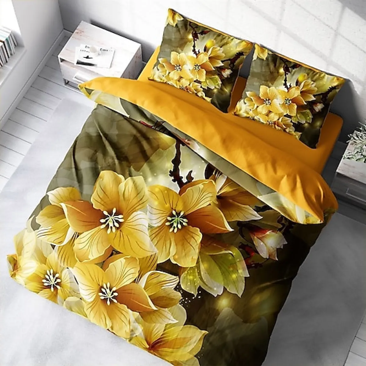 Monohome Yellow Flower 3D Pamuk Saten Çift Kişilik Nevresim Takımı