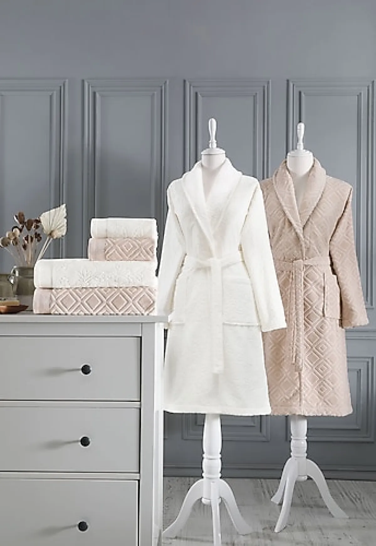 Özdilek Pastoral Krem Bej Aile Bornoz Takımı