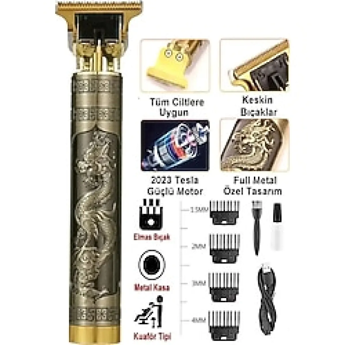 Saç Sakal Kesme Traş Makinası Şarjlı Gold Ejderha Motifli T Jiletli Sıfır Kesim İmkanı Traş Makinası
